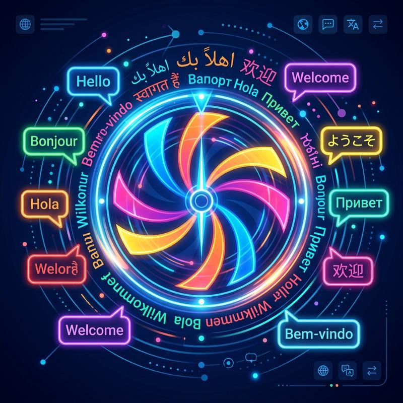 A colorful spinner wheel surrounded by greetings in multiple languages and scripts including Arabic, Chinese, Hindi, and Russian