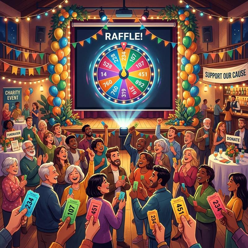 Community fundraiser event with a large digital raffle wheel projected on screen while people watch excitedly